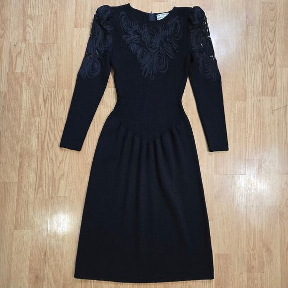 Vintage Pat Sandler Womens Black Knit Dress 8 Sheer Lace Embroidered Whimsigoth - Picture 1 of 11